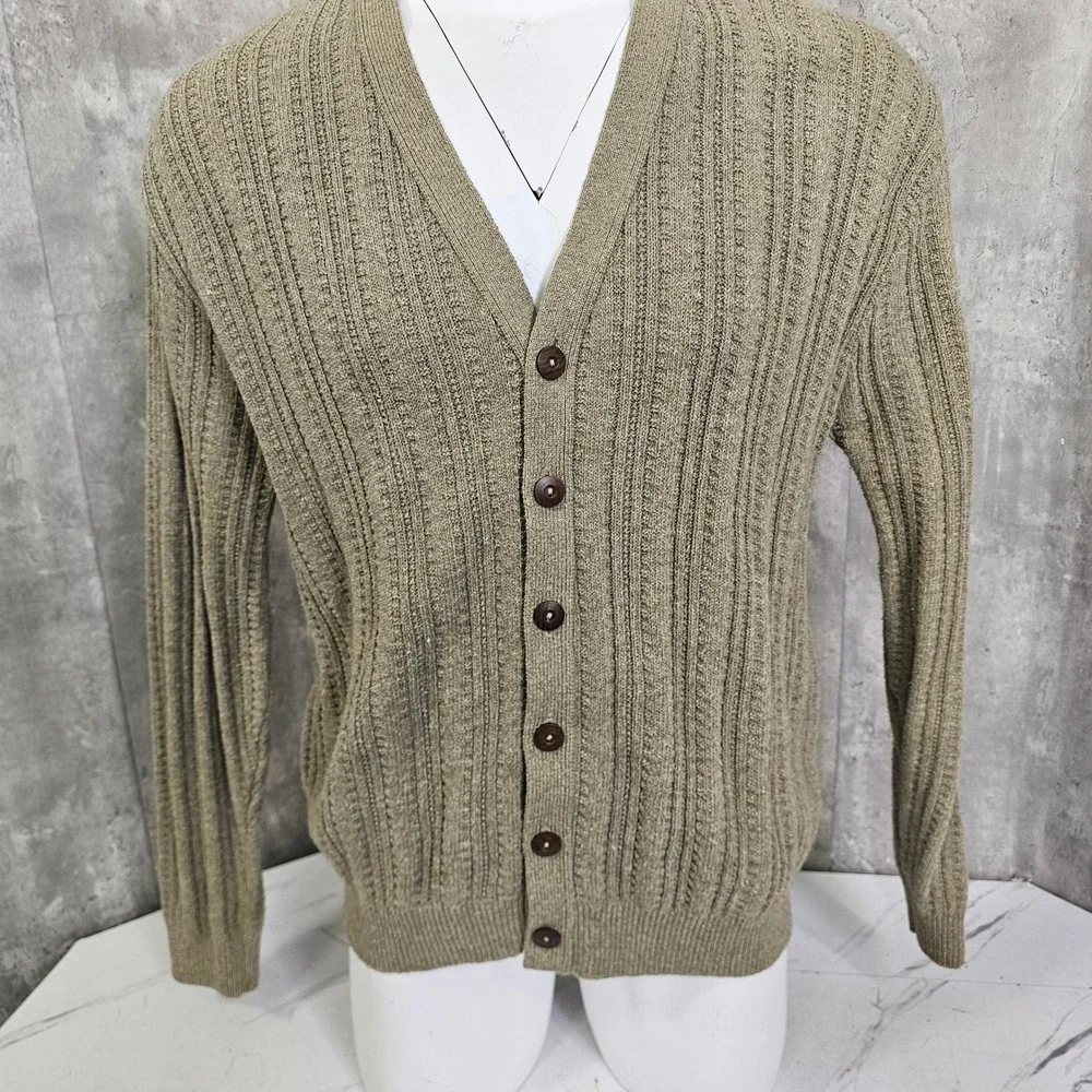 Oscar De La Renta XL Rib Knit Cardigan Sweater Beige Grandpa Quiet Luxury Y2K